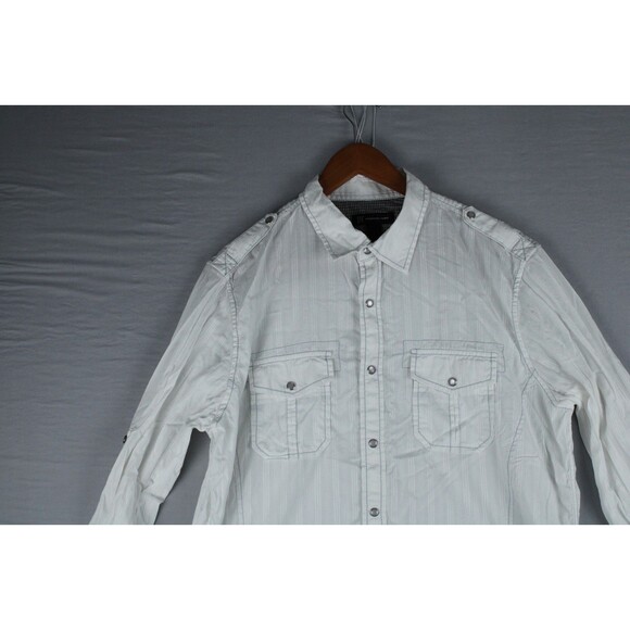 INC Pearl Snap Western Shirt Mens Large Striped White Long Sleeve Roll Up Sleeve - Picture 7 of 15